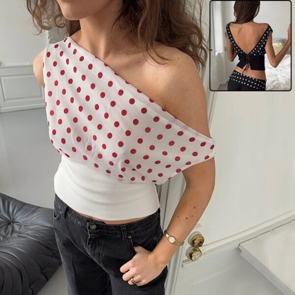 Women's Polka Dot Oblique Shoulder Crop Top – Summer Patchwork Chiffon Sleeveless Lace-Up Backless Blouse Casual Streetwear