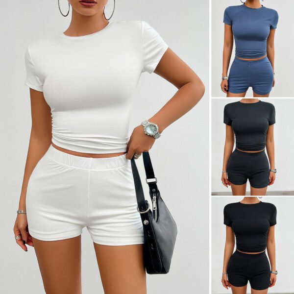 Women's Solid Color Slim Fit Sports Suit – Summer 2-Piece Set with Short-Sleeved Round Neck T-Shirt & Elastic Shorts